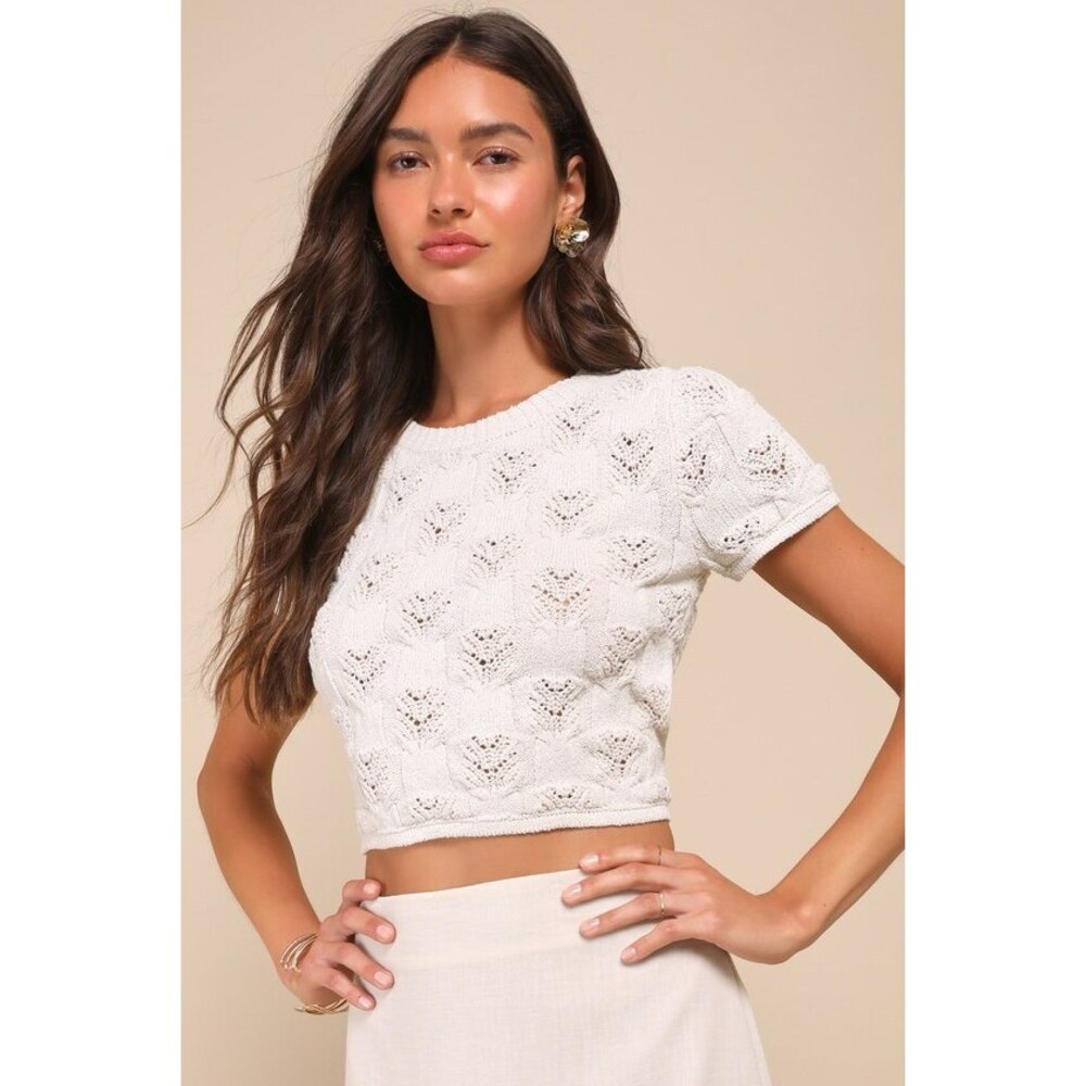 Lulus Cutie Era Ivory Pierced Knit Cutout Tie-back Cropped Sweater Top White
